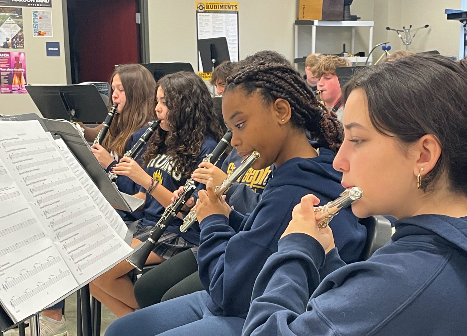 Student musicians practice for St. Joseph Catholic School’s annual “Gifts of the Season” Christmas concert. The concert is 2 p.m. Sunday, Dec. 10, in the school Fine Arts auditorium, 308 New Mannsdale Road, about one mile west of the Interstate 55-Mississippi 463 interchange. Admission is free, but guests are asked to bring canned goods to help feed those in need. Pictured here are sophomore Talia Ramos, far right, and freshman Mackenzie Maberry rehearsing for “Gifts of the Season.”